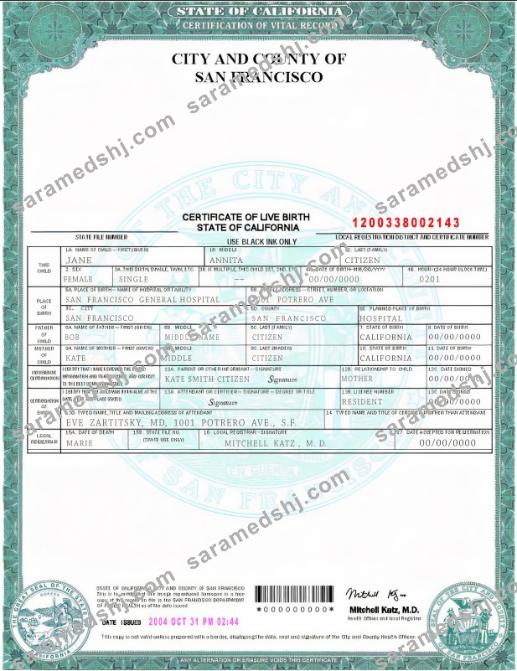USA California state birth certificate template in PSD format